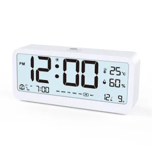 LCD Smart Digital Alarm Clock with Large Display Thermometer Hygrometer Anti-Slip Bottom with Night Light Battery Operated Safe Rounded Corners Design for Home Office Bedroom