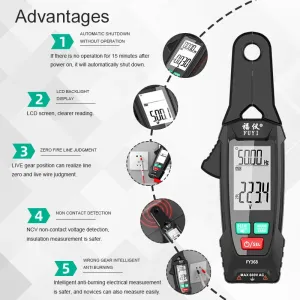 FY368 Digital Clamp Multimeter AC DC Voltage Current Resistance Frequency Capacitance Temperature Tester Non Contact Voltage Test Live Wire Judgment LCD Backlight Auto Power Off