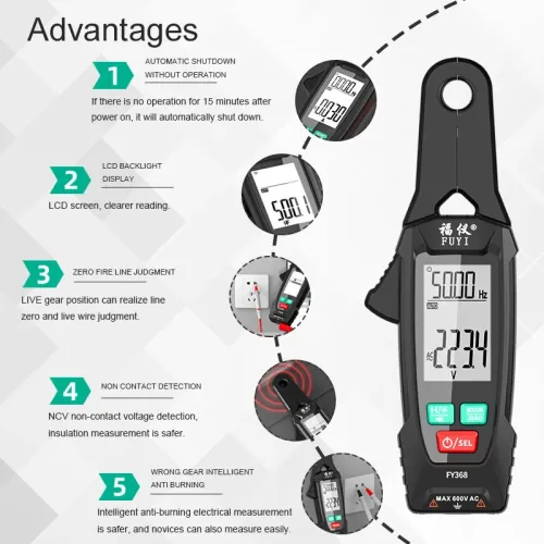 FY368 Digital Clamp Multimeter AC DC Voltage Current Resistance Frequency Capacitance Temperature Tester Non Contact Voltage Test Live Wire Judgment LCD Backlight Auto Power Off