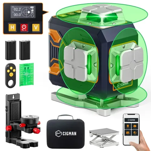 CIGMAN CM-S02 4x360 Green Cross Line Laser Level Self-Leveling Remote Control 2600mAh Li-ion Battery Type-C Charging IP54 Waterproof