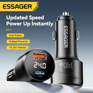 ESSAGER ES-CC19 140W 2-Port USB PD Car Charger USB-A+Type-C Support PD3.1 QC3.0 AFC FCP SCP PPS Fast Charging with Digital Display for iPhone 16 15 Pro 14 13 12 Pro Max for Samsung Galaxy Z Flip6 for Xiaomi 15pro for Huawei Mate XT