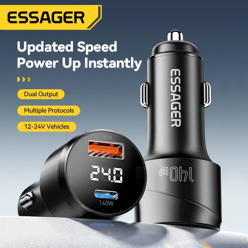 ESSAGER ES-CC19 140W 2-Port USB PD Car Charger USB-A+Type-C Support PD3.1 QC3.0 AFC FCP SCP PPS Fast Charging with Digital Display for iPhone 16 15 Pro 14 13 12 Pro Max for Samsung Galaxy Z Flip6 for Xiaomi 15pro for Huawei Mate XT