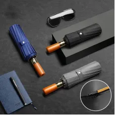 16-Bone Double Fully Automatic Rain Umbrella Keel Wooden Handle Sun Protection Umbrellas Large Folding Business Umbrella For Sunny Rainy Days