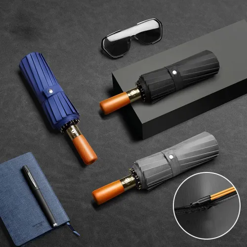16-Bone Double Fully Automatic Rain Umbrella Keel Wooden Handle Sun Protection Umbrellas Large Folding Business Umbrella For Sunny Rainy Days