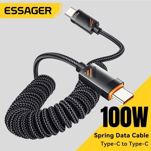 ESSAGER ES-X66 3A/5A 60W/100W Type-C to Type-C Spring Data Cable PD3.0 QC4.0/3.0 FCP Fast Charging Data Transmission Tin-plated Copper Core Line 1.2M/1.8M Long for iPhone 16 16 Pro 15 15Pro Max for Xiaomi 15pro for Samsung Galaxy S25 Ultra