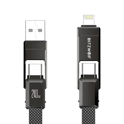 BlitzWolf BW-HDC7 4-in-1 Fast Charging Cable PD240W 1.2M USB-C Data Cable Nylon Braided Extended Car Charging