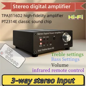 TPA3116 Stereo Digital Amplifier 50W x 2 Power Output EQ Mode Bass Treble Control RCA Inputs Audio System Remote Control High Performance Chip