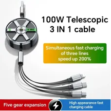 6A 100W USB-A to Type-C/iP/Android Retractable Cable Fast Charging Copper Core Line 1.2M Long for iPhone 15 14 13 for Huawei Pura 70 Ultra for Xiaomi Civi 4pro for Samsung Galaxy S24