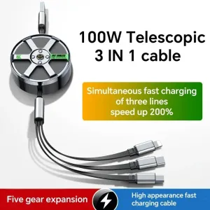 6A 100W USB-A to Type-C/iP/Android Retractable Cable Fast Charging Copper Core Line 1.2M Long for iPhone 15 14 13 for Huawei Pura 70 Ultra for Xiaomi Civi 4pro for Samsung Galaxy S24
