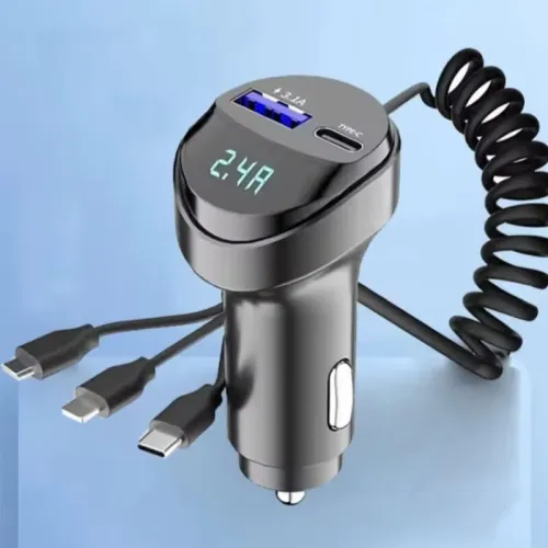 3 In 1 Car Multi-function 2 Ports 55W USB Car Charger Fast Charging USB Retractable Charging Cable with Voltage Display