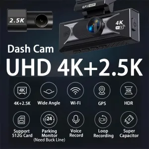 UHD 4K Dash Cam Dual Lens 3840x2160P AI Driver Assistance ADAS GPS WiFi Wide Angle Night Vision Car DVR Camera