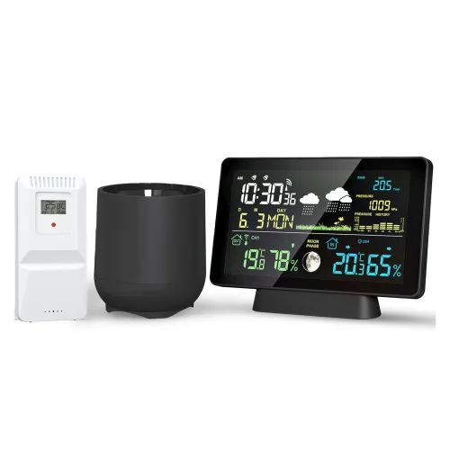 Multi-function Professional Weather Station Alarm Clock Wireless Indoor Outdoor Thermometer With Rain Gauge/ Temperature/  Humidity/ Rainfall Monitoring/ Atmospheric Pressure Intelligent Color Screen Clock