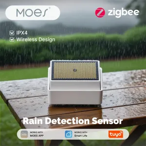 MOES Tuya Zigbe Raindrop Detection Sensor IPX4 Waterproof Wireless Smart Home Water Leak Detector Real Time Alert Smart Life APP for Indoors Outdoors Water Leakage Sensor