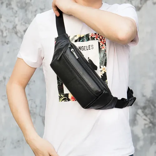 Ekphero Men's Genuine Leather Waist Bag Sports Belt Pouch Business Casual Crossbody Bag Outdoor Black Shoulder Chest Bag