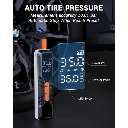 Portable Air Compressor 150PSI Rechargeable 10000mAh Tire Inflator Fast Inflation 5 Modes Digital Gauge LED Light for Car Bike Motorcycle Ball Camping Travel Accessories