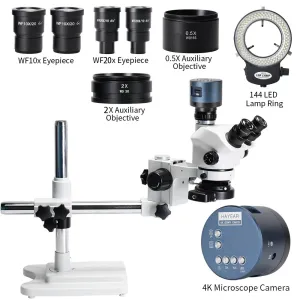 HAYEAR 3.5X-200X Magnification Simul-Focal Trinocular Stereo Microscope 4K HDM Camera 144 LED Ring Light Metal Boom Stand Precision Imaging