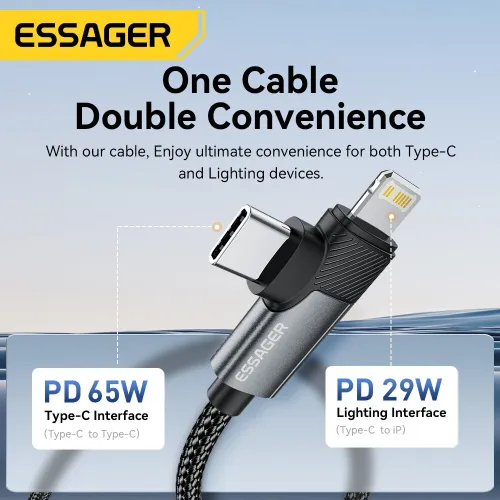 ESSAGER ES-X59 65W Type-C to Type-C+iP Cable PD Fast Charging Data Transmission Copper Core Line 1M/2M Long for iPhone 15 Plus 14 13 for Huawei Pura 70 Ultra for Xiaomi Civi 4 Pro