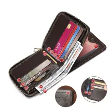 BULLCAPTAIN Genuine Leather Zippered Men's Wallet Cowhide RFID-blocking Multi Card Slots Coin Money Purse