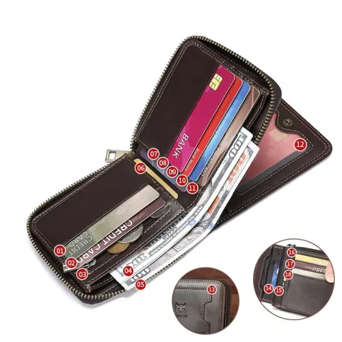 BULLCAPTAIN Genuine Leather Zippered Men's Wallet Cowhide RFID-blocking Multi Card Slots Coin Money Purse