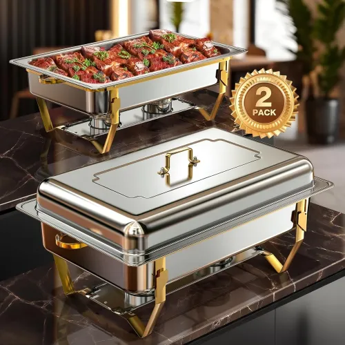 Warmounts 8QHigh Grade Chafing Dishes for Buffet, Chafers and Buffet Warmers Sets for Birthday, Wedding, Rolled-Edge Design with Gold and Silver, 2/4 Pack