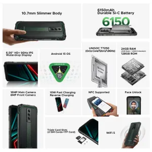 DOOGEE Blade10 Energy 24GB 128GB 16MP Camera 6.56 inch 90Hz IPS Android 15 NFC 6150mAh Unisoc T7250 Octa Core IP68 IP69K Waterproof 4G Rugged Smartphone