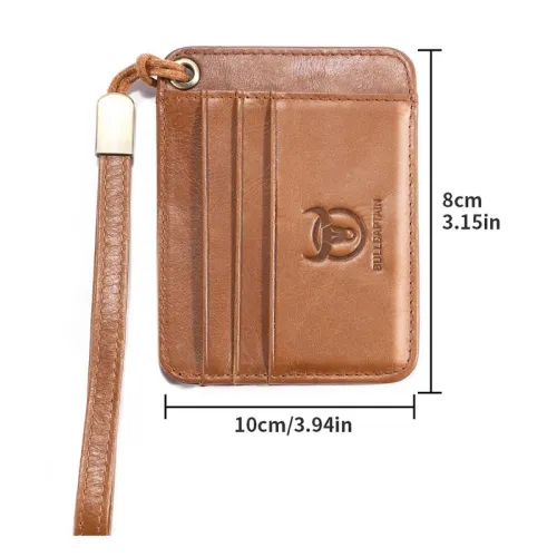 BULLCAPTAIN Men's Genuine Leather Credit Card Holder Mini RFID Protection Card Bag Thin Coin Purse with Rope