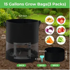 ModernHome 3pcs 15 Gallon Grow Bags Transparent Single Opening Black 3 Light-Blocking Curtains 3 Green Labels Vacuum Packed