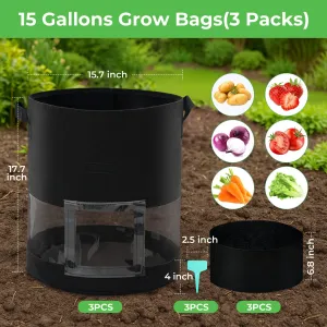 ModernHome 3pcs 15 Gallon Grow Bags Transparent Single Opening Black 3 Light-Blocking Curtains 3 Green Labels Vacuum Packed