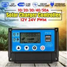 Excellway 12V 24V 10/20/30/40/50A Auto Solar Panel Solar Charge Controller Battery Charge Adapter USB LCD Display