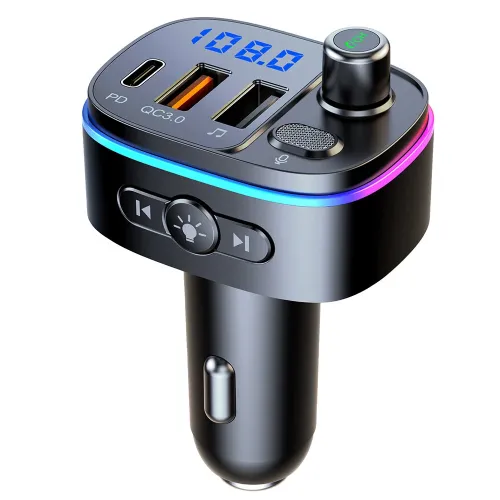 T65 bluetooth V5.0 FM Transmitter 18W PD + QC3.0 USB Car Charger 9 Colors Atmosphere Lights Siri Voice Control Hands-free Calls Digital Display Wireless Radio Adapter Music Play Car Kit
