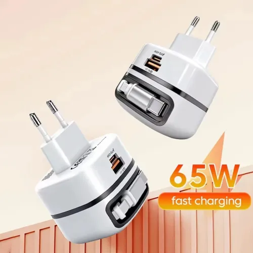 65W 3-Port USB Charger Come with Retractable Cable Type-C Cable+USB-A+Type-C Fast Charging Wall Charger Adapter EU Plug for iPhone 17 17Pro 16 Pro Max 15 14 13 for Huawei Mate XTs for Xiaomi 17pro for Samsung Galaxy S25 Ultra for OPPO for VIVO