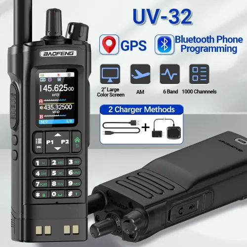Baofeng UV32 GPS 10W Long Range Walkie Talkie bluetooth Phone APP Programming Multi-band Wireless Copy Frequency 1000CH 10 NOAA Type-C Two-way Radio