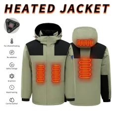 TENGOO HJ-04G 4 Heating Areas Jacket Windbreaker Unisex 3-Gear Thermal High Neck Hooded Coat Windproof Comfy Outerwear for Winter Hiking Outdoor Sport