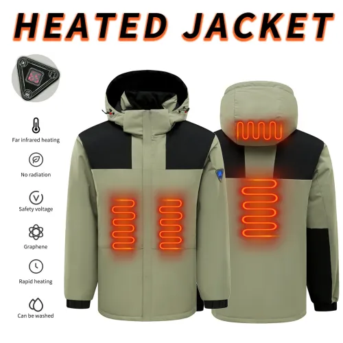 TENGOO HJ-04G 4 Heating Areas Jacket Windbreaker Unisex 3-Gear Thermal High Neck Hooded Coat Windproof Comfy Outerwear for Winter Hiking Outdoor Sport