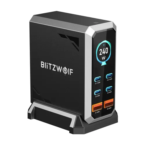 [GaN Tech] Blitzwolf BW-S31 240W 6-Port USB PD Charger 4USB-C+2USB-A QC PD Digital Display Fast Charging Desktop Charging Station for iPhone 16 16 Pro 15 14 13 Pro Max for MacBook Pro for Airpods for Apple Watch