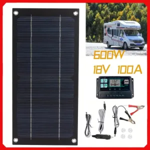 High Efficiency 600W Solar Panel Charger Monocrystalline Silicon Portable Kit 100A Charge Controller Extension Cable Battery Clip for RV Outdoor Camping Green Energy