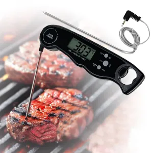 Foldable Dual Probe Food Thermometer BBQ Meat Grill Thermometer Kitchen Oven Grill Thermometer Dual Temperature Modes with Bottle Opener LCD Display