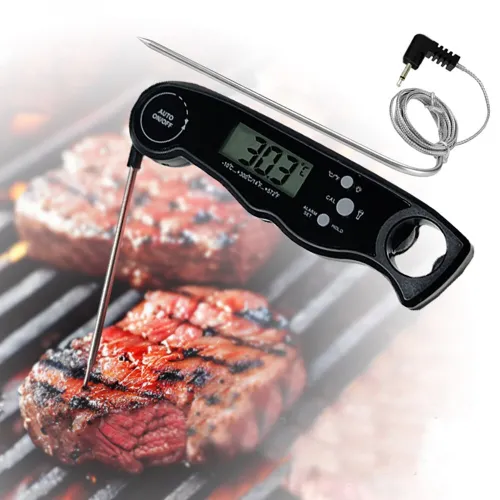 Foldable Dual Probe Food Thermometer BBQ Meat Grill Thermometer Kitchen Oven Grill Thermometer Dual Temperature Modes with Bottle Opener LCD Display