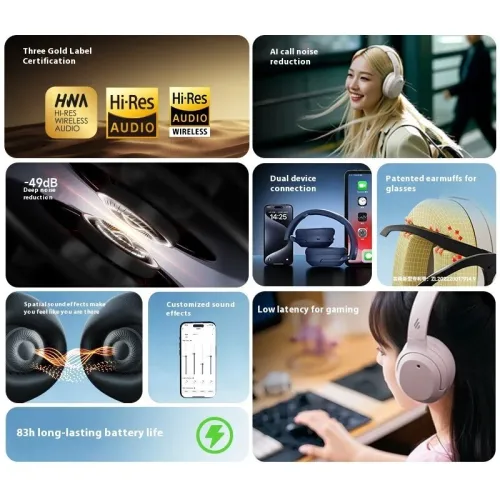 Edifier W820NB Headset Hi-Res bluetooth Headphone -49dB Noise Cancelling AI Call Noise Reduction 40mm Titanium-plated Composite Diaphragm HWA Hi-Res Audio 83H Playback Low Latency Foldable Spoorts Headphones