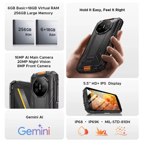 DOOGEE Fire 3 Ultra AI 24GB 256GB 16MP Camera 5.5 inch 8350mAh 18W Fast Charging Android 15 NFC UNISOC T7200 Octa Core IP68 IP69K Waterproof 4G Rugged Smartphone