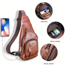 BULLCAPTAIN Mens Genuine Leather USB Charging Large Capacity Business Casual Chest Bag Shoulder Crossbody Bag