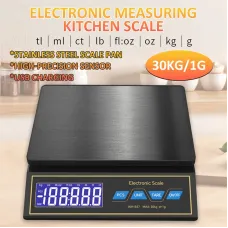 30kg 1g Digital Kitchen Scale LCD Display Rechargeable Food Weight Scale Waterproof High Precision Portable Cooking Scale Multi Unit Conversion