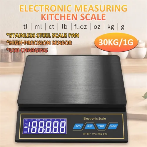 30kg 1g Digital Kitchen Scale LCD Display Rechargeable Food Weight Scale Waterproof High Precision Portable Cooking Scale Multi Unit Conversion