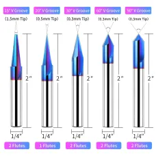 1/4 Inch Shank CNC Wood Carving Router Bits Set 15/20/30/60/90 Degree Engraving Bits 2 Flutes Straight CNC V-bit with Nano Blue Coating