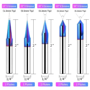 1/4 Inch Shank CNC Wood Carving Router Bits Set 15/20/30/60/90 Degree Engraving Bits 2 Flutes Straight CNC V-bit with Nano Blue Coating