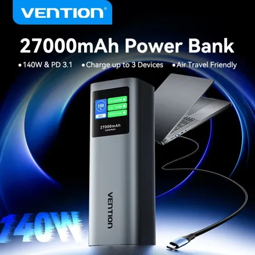 Vention FKE PD140W 99.9Wh 27000mAh Power Bank with TFT Digital Display External Battery Power Supply with 1 Input & 3 Outputs Support QC3.0 PD3.0/3.1 AFC FCP Apple2.4A Fast Charging for iPhone 17 17Pro 16 15 14 Pro Max for Xiaomi 17pro for OPPO Find X