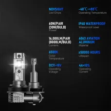 NovSight T11 LED Headlight Bulb 60W Pair 16000LM 6500K White Light IP68 Waterproof Automotive Headlights High Brightness Bulbs Long Lifespan Easy Install Aviation Aluminum