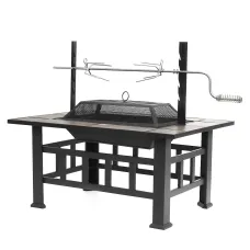 SINGLYFIRE 37 Inch Fire Pit Table with Grill for Outside Large Square Wood Burning firepit Heavy Duty Steel Pit Cooking with Spark Screen Log Grate Poker for Backyard Garden Camping