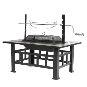 SINGLYFIRE 37 Inch Fire Pit Table with Grill for Outside Large Square Wood Burning firepit Heavy Duty Steel Pit Cooking with Spark Screen Log Grate Poker for Backyard Garden Camping