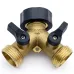 Solid Brass 2 Way Y Valve Garden Hose Connector Splitter Adapter 3x3x2 inches with Moderate Grip and Rubber Finish - Ball Valve Dual Ports